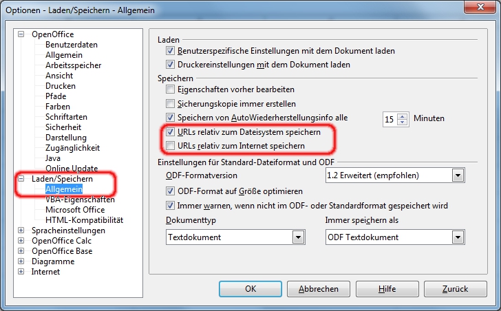 In Open Office die Einstellung der relativen Pfade korrekt machen.