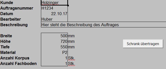 Eingabemaske für die variable Stückliste